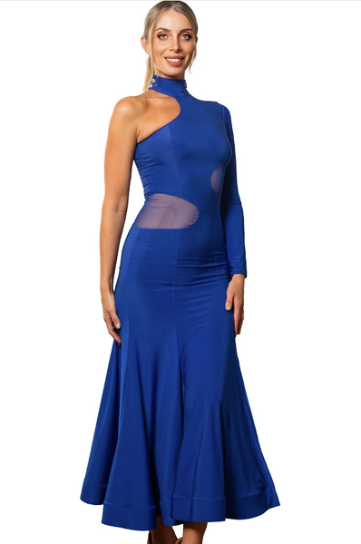 D2451 Long Cutout Smooth Dress with mesh insets – bold ballroom and Latin dance dress. Stretch fabric, full-length skirt with slit, power mesh detail. Free Australian delivery, best price worldwide.
