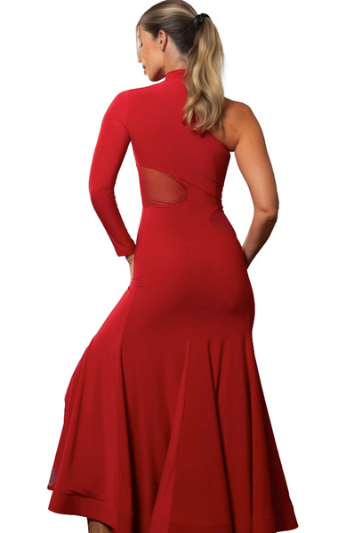 D2451 Long Cutout Smooth Dress with mesh insets – bold ballroom and Latin dance dress. Stretch fabric, full-length skirt with slit, power mesh detail. Free Australian delivery, best price worldwide.