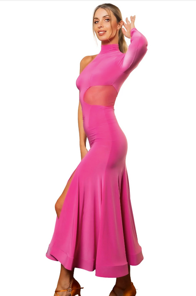 Long Ballroom Smooth Dress D2451 in Various Colours with Cutouts with Mesh Inserts, Single Long Sleeve, High Neckline & Side Slit for Dance Performance & DanceSport Competitions
