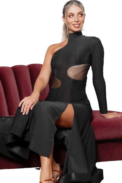 Long Ballroom Smooth Dress D2451 in Various Colours with Cutouts with Mesh Inserts, Single Long Sleeve, High Neckline & Side Slit for Dance Performance & DanceSport Competitions
