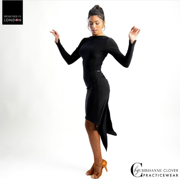 This sleek and form-fitting Latin skirt showcases beautiful ruching at the back, enhancing your silhouette. It features a dramatic long tail centre back split that contrasts nicely with the knee-length, streamlined front. This design not only flatters your figure but also allows for the dynamic movements you need on the dance floor, all while being secured by a comfortable elasticated branded waistband.