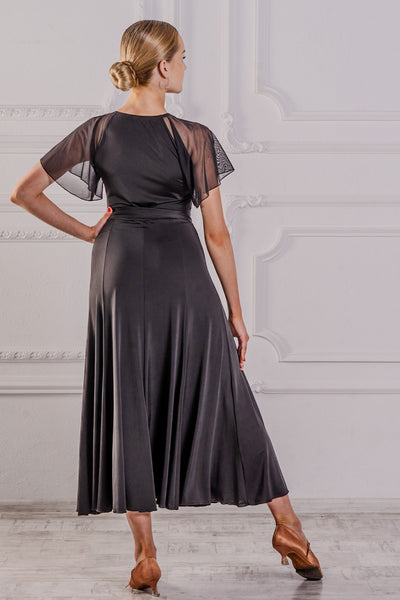Dancebox Brigitte Ballroom Dress Black | Sophisticated, Quality Dress with Sheer Butterfly Sleeves, Side Split & Tie Waist for Ballroom & Smooth Dance Performance & Social Dancing