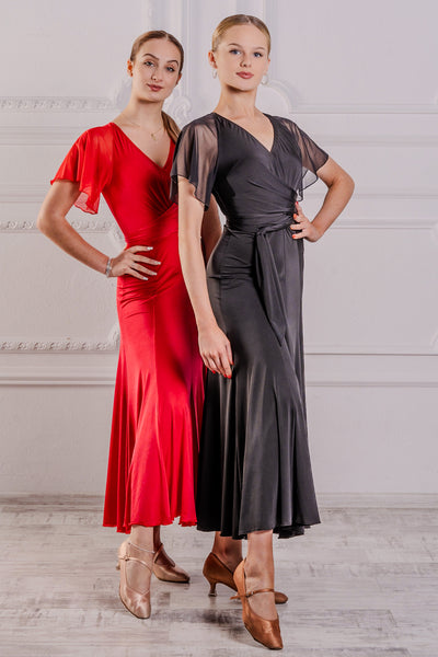 FREE AUSTRALIA-WIDE SHIPPING 2-4 weeks.  Best price worldwide 2-4 weeks.  Sophisticated long black ballroom dress with V-Neck, pretty sheer butterfly sleeves. Intricate criss cross waist tie. Soft, long swinging skirt with sassy split for Ballroom and American Smooth. Perfect for Ballroom & Smooth dance practice, performance, medals and dancesport competition.