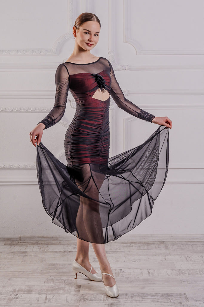 FREE AUSTRALIA-WIDE SHIPPING 2-4 weeks.  Best price worldwide 2-4 weeks. black/red Ballroom dress. Outside layer entirely cut in soft stretch mesh, with lovely gatherings and an elaborated skirt with multiple panels Upper rushed body part fully lined with grey silk jersey, shimmering through the sheer mesh. Full length stretch mesh sleeves with rushed cuffs. Perfect for Ballroom & Smooth dance practice, performance, medals and dancesport competition.