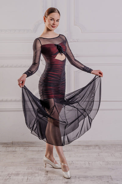 FREE AUSTRALIA-WIDE SHIPPING 2-4 weeks.  Best price worldwide 2-4 weeks. black/red Ballroom dress. Outside layer entirely cut in soft stretch mesh, with lovely gatherings and an elaborated skirt with multiple panels Upper rushed body part fully lined with grey silk jersey, shimmering through the sheer mesh. Full length stretch mesh sleeves with rushed cuffs. Perfect for Ballroom & Smooth dance practice, performance, medals and dancesport competition.