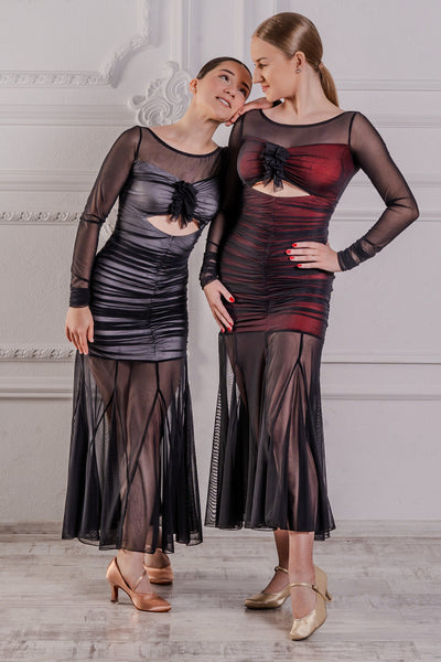 FREE AUSTRALIA-WIDE SHIPPING 2-4 weeks.  Best price worldwide 2-4 weeks. black/red Ballroom dress. Outside layer entirely cut in soft stretch mesh, with lovely gatherings and an elaborated skirt with multiple panels Upper rushed body part fully lined with grey silk jersey, shimmering through the sheer mesh. Full length stretch mesh sleeves with rushed cuffs. Perfect for Ballroom & Smooth dance practice, performance, medals and dancesport competition.