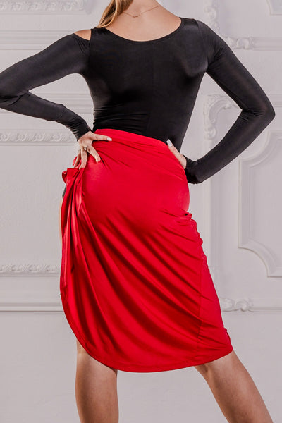 Dancebox Claudia Latin Skirt in Red - Elegant Skirt for Latin, Tango & Evening Wear | Mid Length Skirt with Twist Front Detail