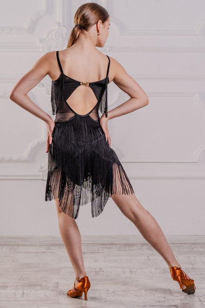 FREE AUSTRALIA-WIDE SHIPPING.  Best price worldwide.  Hot black latin fringe dress with body in silk jersey and sheer elastic mesh on the midriff. Elastic velvet straps and pretty decorative golden shimmer elastic neckline.  Flowy, scalloped lines of long fringing that swirl at every move and enhance your dancing. Cique golden clasp for back closure. Full body for your comfort. Perfect for Latin, Samba, Salsa performance, medals and dancesport competition.