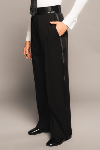 Boys & Youth Classic Trousers "Boys 16" with Satin Stripe | Boys & Youth Black Dance Trousers with Satin Stripe for Ballroom Dance Practice, Performance & DanceSport Competition