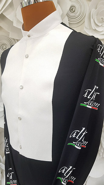 Free Aust-wide shipping.  Best price worldwide with tracking.  Made in Italy this stylish, stretch body shirt comes with built-in pants.  Avail in white or black and white.  The perfect partner for your Alfa Fashion Ballroom Tail Suit.    Available in collar sizes 35cm to 45cm.  Made using exclusive B-stretch fabric - Breathable, quick drying fabric.