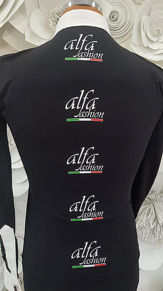 Free Aust-wide shipping.  Best price worldwide with tracking.  Made in Italy this stylish, stretch body shirt comes with built-in pants.  Avail in white or black and white.  The perfect partner for your Alfa Fashion Ballroom Tail Suit.    Available in collar sizes 35cm to 45cm.  Made using exclusive B-stretch fabric - Breathable, quick drying fabric.