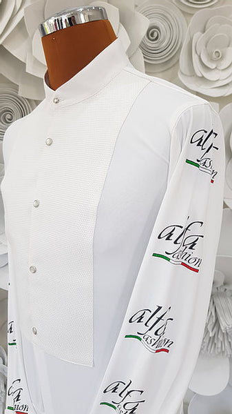 Free Aust-wide shipping.  Best price worldwide with tracking.  Made in Italy this stylish, stretch body shirt comes with built-in pants.  Avail in white or black and white.  The perfect partner for your Alfa Fashion Ballroom Tail Suit.    Available in collar sizes 35cm to 45cm.  Made using exclusive B-stretch fabric - Breathable, quick drying fabric.