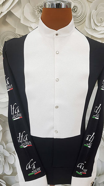 Free Aust-wide shipping.  Best price worldwide with tracking.  Made in Italy this stylish, stretch body shirt comes with built-in pants.  Avail in white or black and white.  The perfect partner for your Alfa Fashion Ballroom Tail Suit.    Available in collar sizes 35cm to 45cm.  Made using exclusive B-stretch fabric - Breathable, quick drying fabric.
