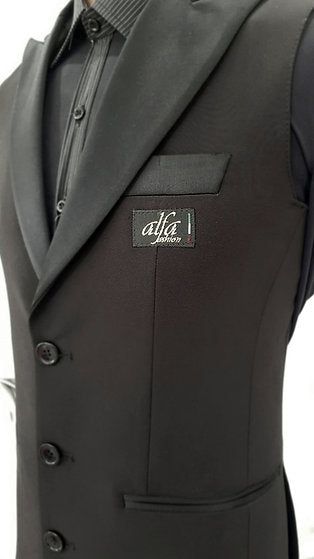 Free Aust-wide shipping.  Best price worldwide with tracking.  Made in Italy & shipped to your door at the best price guaranteed from Dancewear For You.  This stylish & versatile Mens Vest with Satin Collar will be the new show piece for your dance wardrobe.  Single breasted vest with jacket cut crafted using the finest Italian fabrics.  Pair with Alfa Fashion Trousers & shirt for performance, medals, DanceSport 