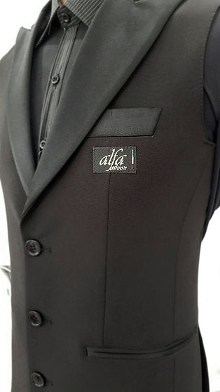 Free Aust-wide shipping.  Best price worldwide with tracking.  Made in Italy & shipped to your door at the best price guaranteed from Dancewear For You.  This stylish & versatile Mens Vest with Satin Collar will be the new show piece for your dance wardrobe.  Single breasted vest with jacket cut crafted using the finest Italian fabrics.  Pair with Alfa Fashion Trousers & shirt for performance, medals, DanceSport