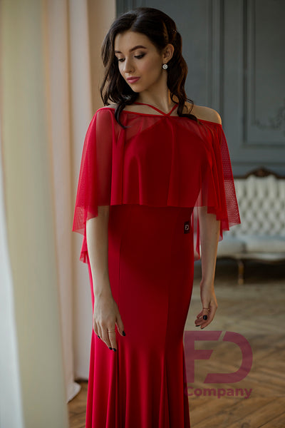 Free Australia-wide shipping.  Best price worldwide with tracking.  Eye Catching, Elegant Ballroom Dress with beautifully draping mesh cape to emphasise your movements.  Stretch Crepe fabric for a modern, close-fitting silhouette, with plenty of movement in the skirt.  Thin straps and scooped back give a classy look to this versatile ballroom dress.   Perfect for practice, performance, DanceSport and social dancing or evening wear.