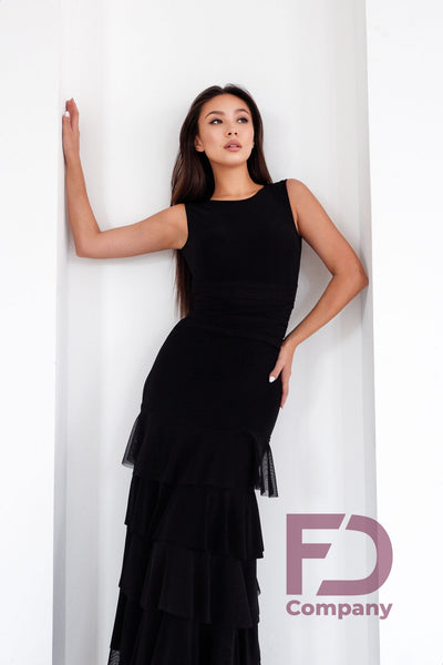 Free Australia-wide shipping.  Best price worldwide with tracking.  Eye Catching, Elegant Sleeveless Ballroom & Evening Wear Dress with beautiful ruffled skirt.  Fitted Silhouette with round neckline and an open back.  Perfect for practice, performance, DanceSport and social dancing or evening wear.  