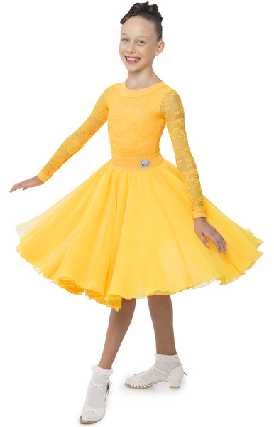 sasuel juvenile ballroom dress with long sleeved lace leotard and skirt with multiple layers of georgette from dancewear for you australia