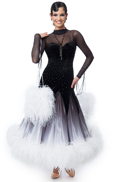 Couture ballroom dress, elegant black and white gown, skirt in pearl chiffon shading decorated with white full ostrich feathers, top from stretch mesh and black velvet. Fully stoned with Swarovski Jet and Jet Hematite crystals. Necklace included, + feathers 