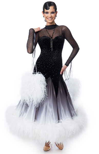 Couture ballroom dress, elegant black and white gown, skirt in pearl chiffon shading decorated with white full ostrich feathers, top from stretch mesh and black velvet. Fully stoned with Swarovski Jet and Jet Hematite crystals. Necklace included, + feathers