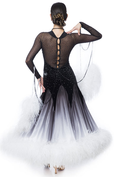 Couture ballroom dress, elegant black and white gown, skirt in pearl chiffon shading decorated with white full ostrich feathers, top from stretch mesh and black velvet. Fully stoned with Swarovski Jet and Jet Hematite crystals. Necklace included, + feathers