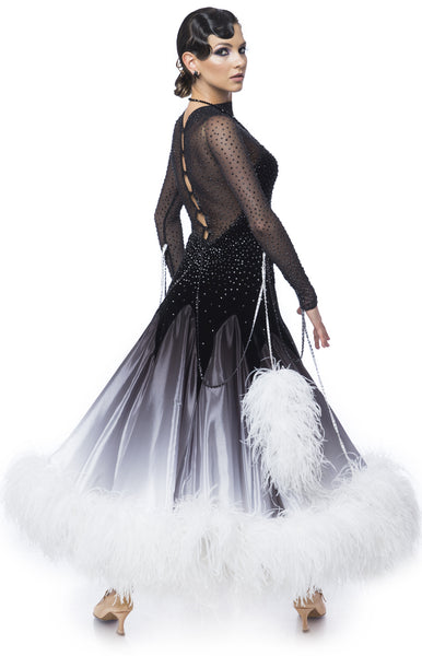 Couture ballroom dress, elegant black and white gown, skirt in pearl chiffon shading decorated with white full ostrich feathers, top from stretch mesh and black velvet. Fully stoned with Swarovski Jet and Jet Hematite crystals. Necklace included, + feathers 