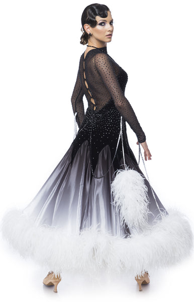 Couture ballroom dress, elegant black and white gown, skirt in pearl chiffon shading decorated with white full ostrich feathers, top from stretch mesh and black velvet. Fully stoned with Swarovski Jet and Jet Hematite crystals. Necklace included, + feathers