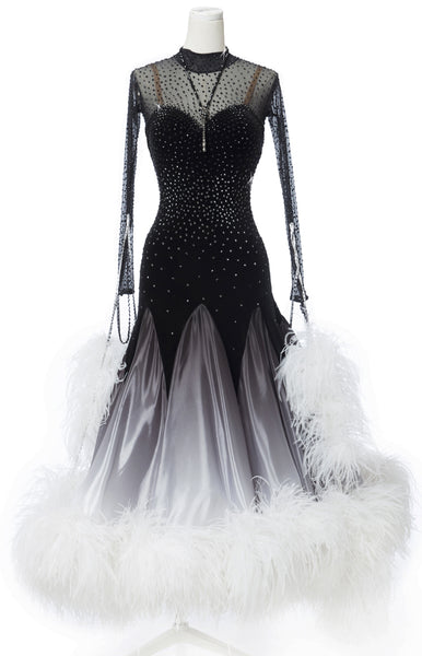 Couture ballroom dress, elegant black and white gown, skirt in pearl chiffon shading decorated with white full ostrich feathers, top from stretch mesh and black velvet. Fully stoned with Swarovski Jet and Jet Hematite crystals. Necklace included, + feathers