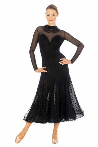 FREE AUSTRALIA-WIDE SHIPPING 2-3 weeks.  Best price worldwide 2-4 weeks.  With this dress you will enchant your audience, on the dance floor as well as during any sophisticated event.  Body in soft silk jersey. Top in soft mesh, classy neck line with embellishments. Keyhole back opening with crystal button, invisible zipper for your comfort. Lovely skirt godets in tulle with velvet spots on top, full stretch mesh underskirt, both finished with crinoline for fullness