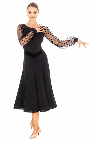 FREE AUSTRALIA-WIDE SHIPPING 2-3 weeks.  Best price worldwide 2-4 weeks.  A bold and proud feminine statement.  Fabulous dress cut in our soft silk jersey, with velvet neckline and waist part. Long puff sleeves in exclusive tulle with pretty velvet spots, ending in velvet cuffs. Skirt hem with crinoline for that extra swing.  