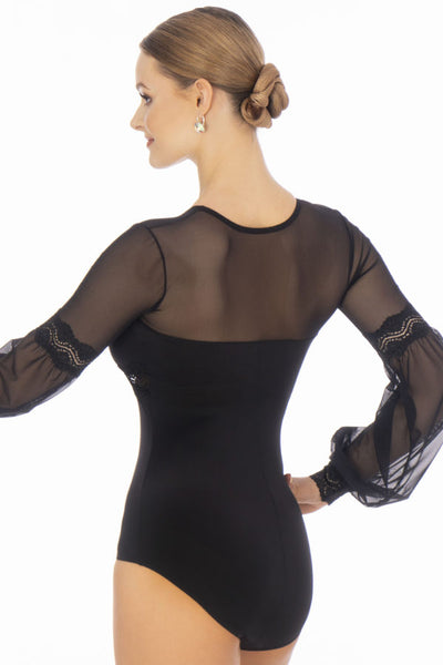 Pure sophistication to match any of our dance skirts. Soft silk jersey and stretch mesh. Pretty V-neck in front . Long Puff sleeves with embelishments , finishing in cuffs out of soft French stretch lace. Pant hook and eye closure for your comfort.  Hand wash or machine wash gentle cycle Design by Dance Box Made in Europe