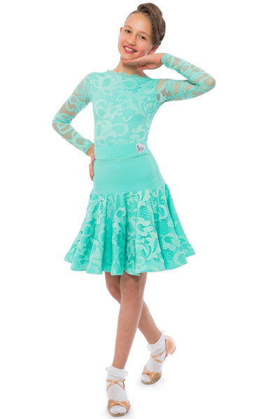 Elsa 3 piece ballroom and latin juvenile competition dress, lace leotard long sleeves with latin skirt and ballroom skirt from dancewear for you