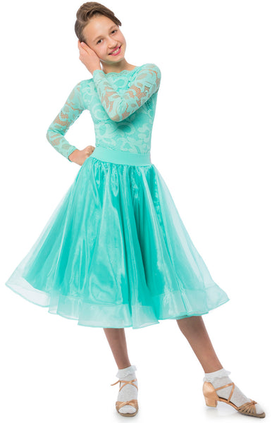 Elsa 3 piece ballroom and latin juvenile competition dress, lace leotard long sleeves with latin skirt and ballroom skirt from dancewear for you