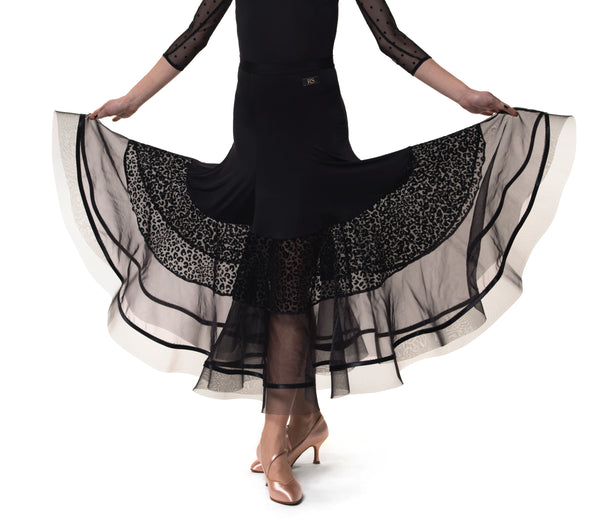 rs atelier black ballroom skirt with animal print and sheer mesh panels from dancewear for you australia