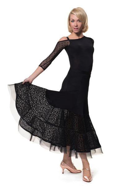 rs atelier black ballroom skirt with animal print and sheer mesh panels from dancewear for you australia