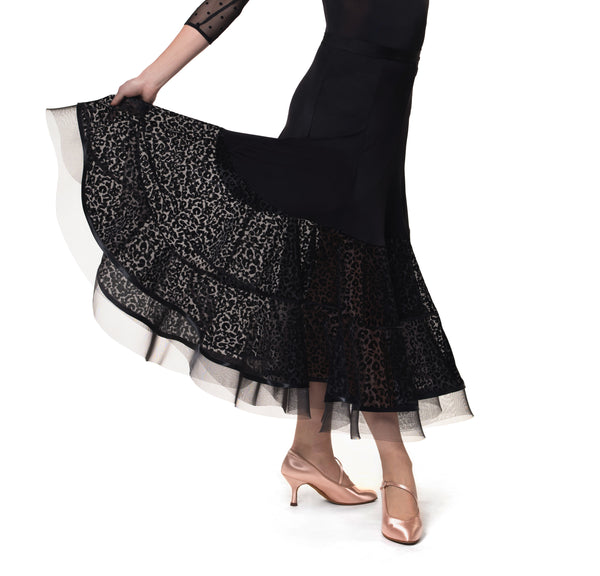 rs atelier black ballroom skirt with animal print and sheer mesh panels from dancewear for you australia