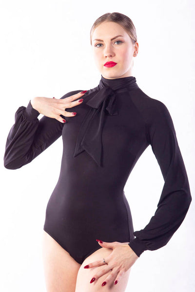 Dancebox Isabell Neck Tie Body | Black Silky Stretch Bodysuit with Feature Tie Neck & Long Sleeves for evening wear, day wear, dance practice & social dancing