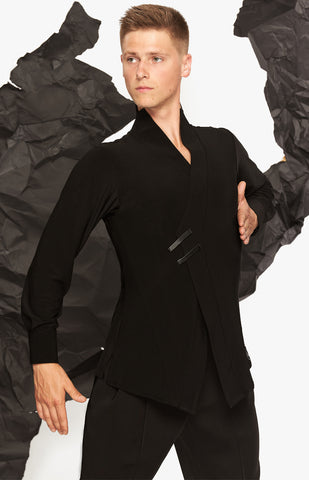 Free Australia-wide Shipping with tracking!  Best price worldwide.  Latin men’s shirt, elegant lines, with high neck featuring an almost blazer like style. Leather detailing in front, slits on sides.  Perfect for Competition & Shows.