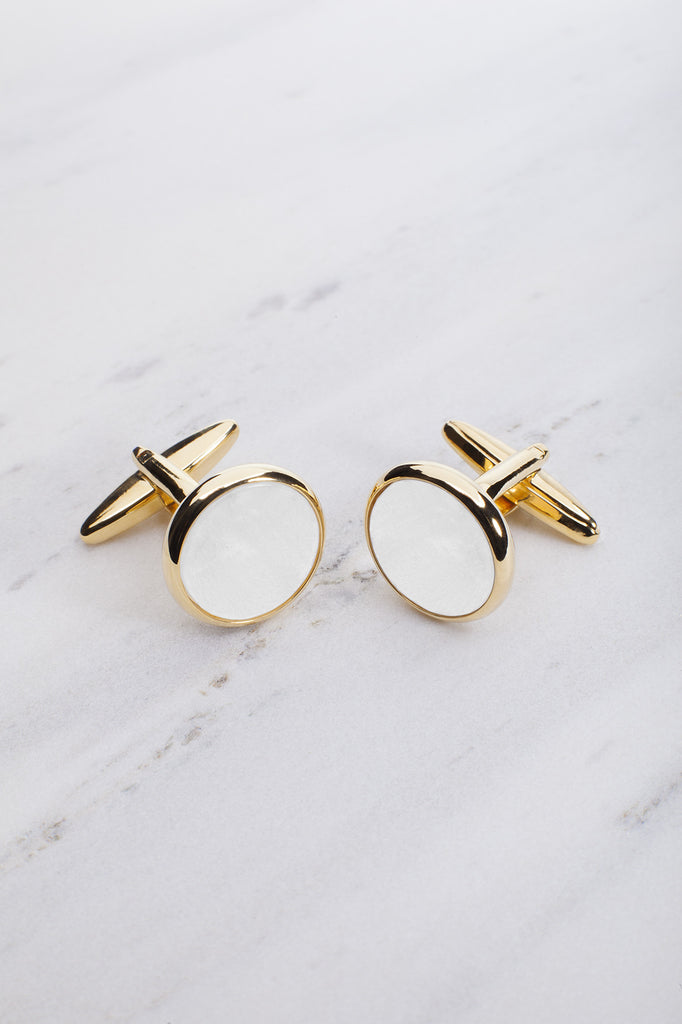 Chrisanne Clover Round Cufflinks in Gold & White