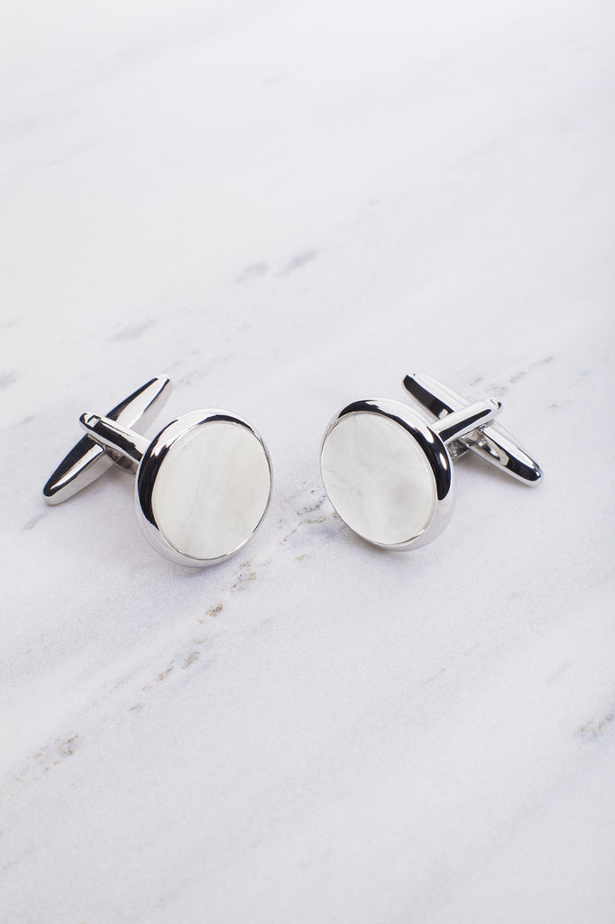 Chrisanne Clover Round Cufflinks in Silver & White