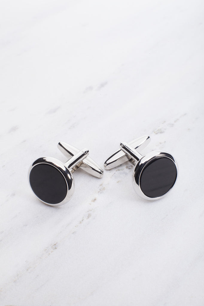 Chrisanne Clover Round Cufflinks in Silver & Black