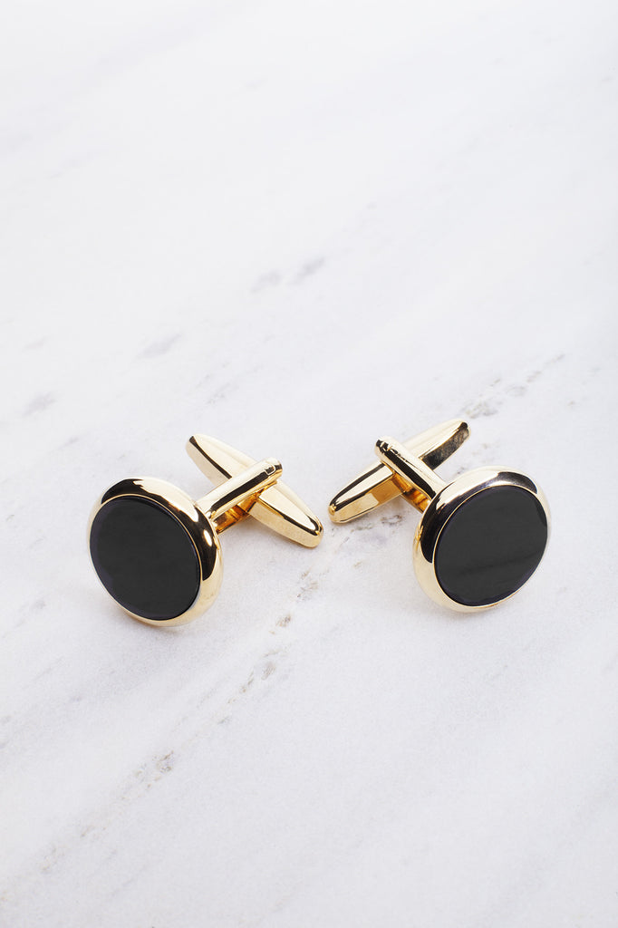 Chrisanne Clover Round Cufflinks in Gold & Black