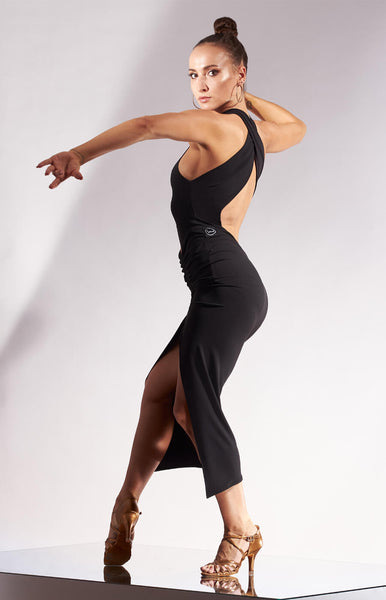 Free Australia-wide Shipping.  Best price worldwide  Latin dress with halter neck detailing, open back, with a deep V cut and built in underwear.  High split on one leg with fun fringe tassels for that extra movement.  Perfect for Latin or Tango practice, performance or competition. 