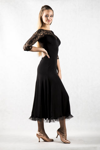 dancebox black ballroom dress with lace back and 3/4 lace sleeves from dancewear for you australia