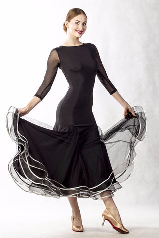 Dancebox Silver Waves Ballroom Dress in Black with stunning silver trim with long mesh sleeves and sheer mesh back design from dancewear for you australia