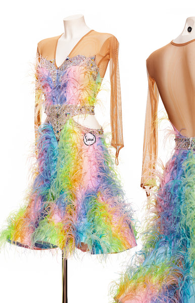 Free Australia-wide express shipping.  Best price worldwide.  Made To Measure Special Order Item - Email to order/enquire for today's price.  Rainbow coloured dreamy latin dress, fully decorated with hand sewn ostrich feathers, Swarovski Ab crystals, waistband accentuated also a special kitty-cat ear shaped decoration around bust-line. Long stretch net nude sleeves and full back to a more covered up feel.  Perfect for Junior Youth and Adult latin competition.