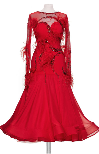 Free Australia-wide express shipping.  Best price guarantee worldwide - worldwide shipping included.  Scarlet bright red ballroom dress, with Light Siam Swarovski crystal decorations, ostrich feather trimming, long mesh sleeves, and a full 3/4 length skirt.  Eye catching on the dance floor, perfect silhouette for tall slim girls.