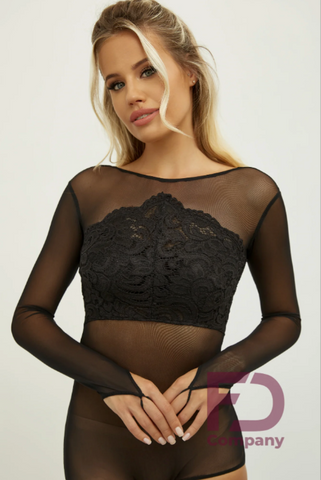 Free Australia-wide shipping.  Australian owned & run business.  Best price worldwide.   Australian owned & run business.     Gorgeous Bodysuit long sleeves, round neckline at the front and low back made with black stretch net and black scalloped guipure stretch lace for a stunning look!.  Press studs closure at the base.  Leotard is sheer stretch net so requires pants underneath.  Removable Bra cups included for size 38 and above.