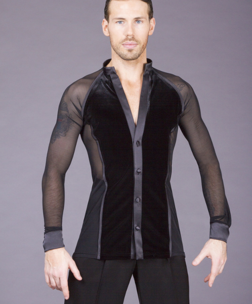 Centre front velvet shirt with single mesh sleeves and sides.  Collar, cuffs & lapel in satin.  Avail in S, M, L or XL.  As part of the DSI-London Premium made to order service these menswear items can be made to order in any suitable DSI fabric and colour of your choice.