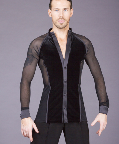 Centre front velvet shirt with single mesh sleeves and sides.  Collar, cuffs & lapel in satin.  Avail in S, M, L or XL.  As part of the DSI-London Premium made to order service these menswear items can be made to order in any suitable DSI fabric and colour of your choice.